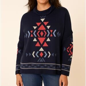 J. Jill Aztec Print Lightweight Cotton Blend Sweater Casual Cowl Neck SZ XL